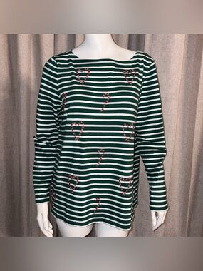TALBOTS green white striped, crew neck long sleeve top with several beaded sz L
